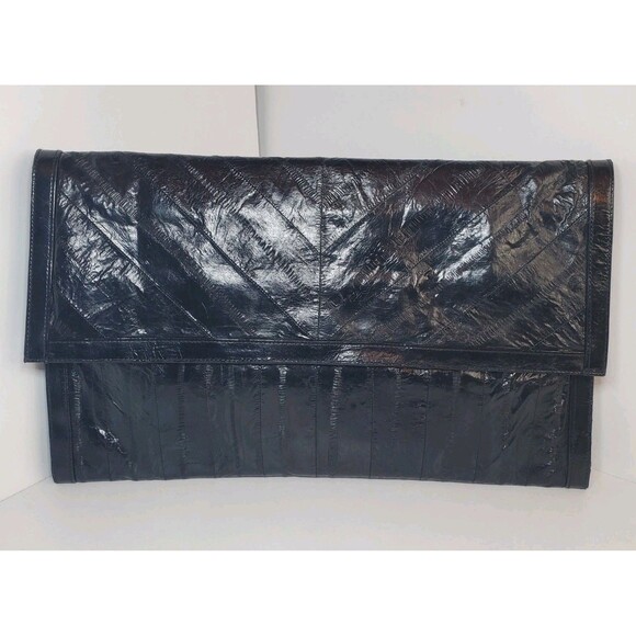 Vintage EEL Skin Leather Clutch Black Slim Envelope Style Purse 10 in x 6 Korea - Picture 1 of 8